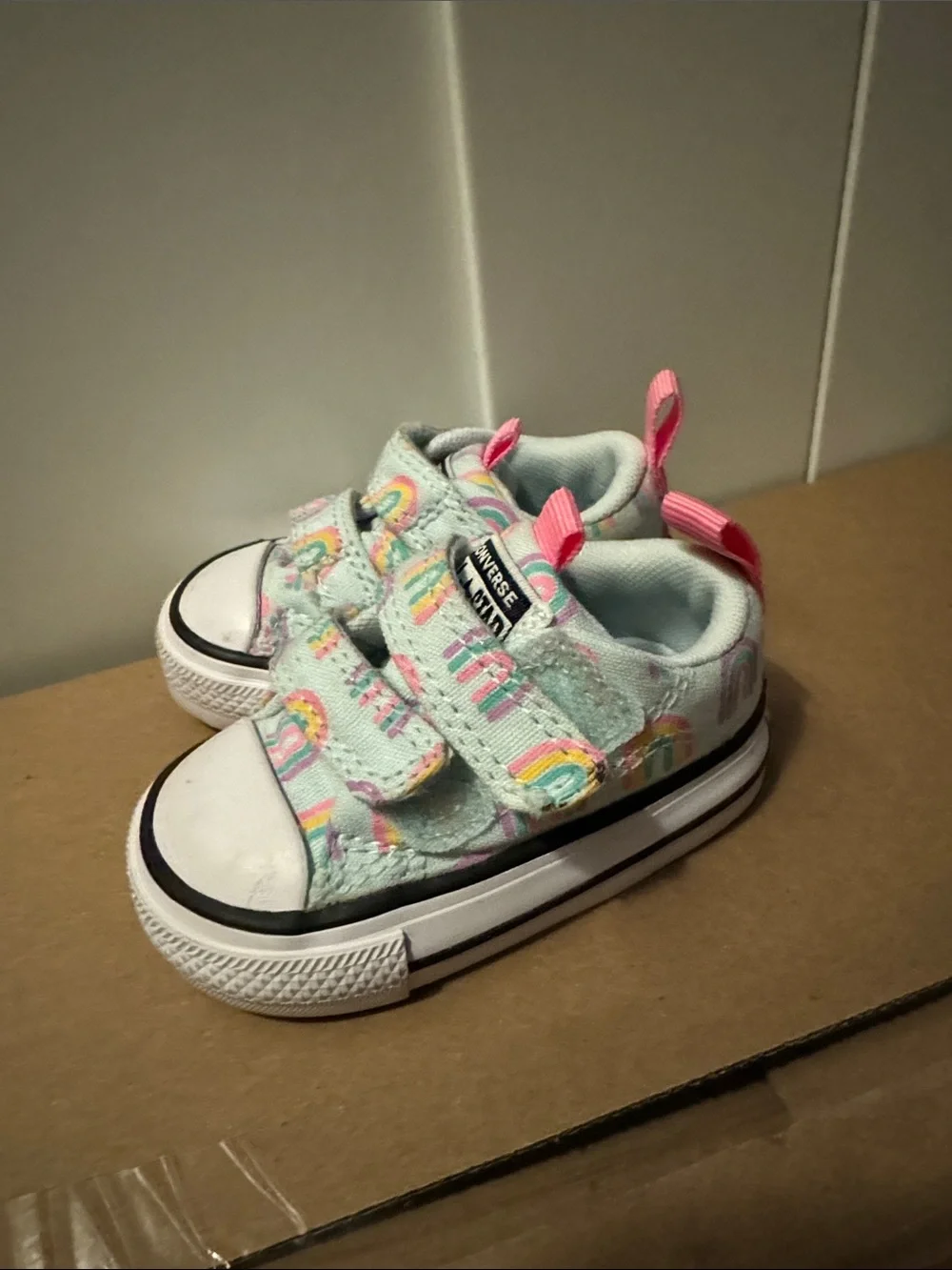 Converse Kids Mint Canvas Sneakers with Pink Accents and Rainbow Motifs